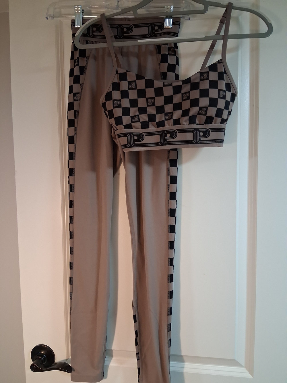PINK Victoria's Secret Taupe and Black Checkered Bralette + Leggings Set